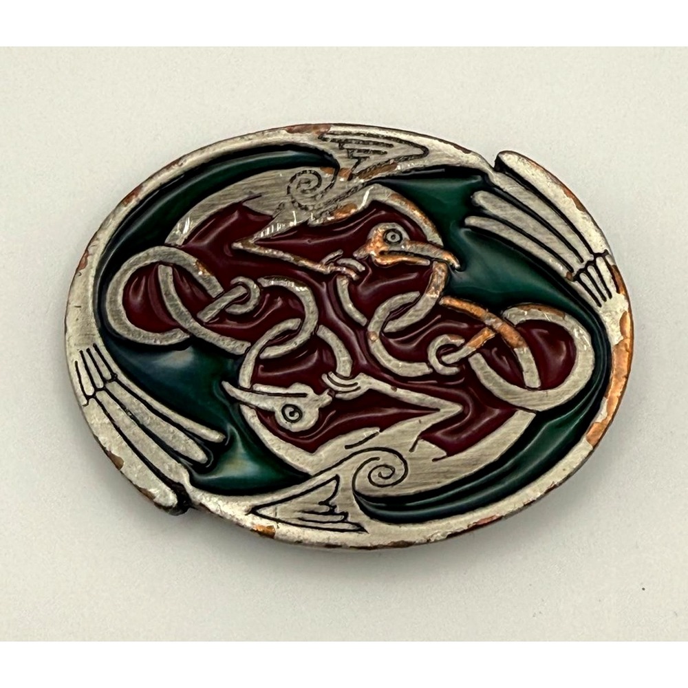 Vintage Celtic Knot Enamel Belt Buckle Interlaced Dragon Bird Pewter